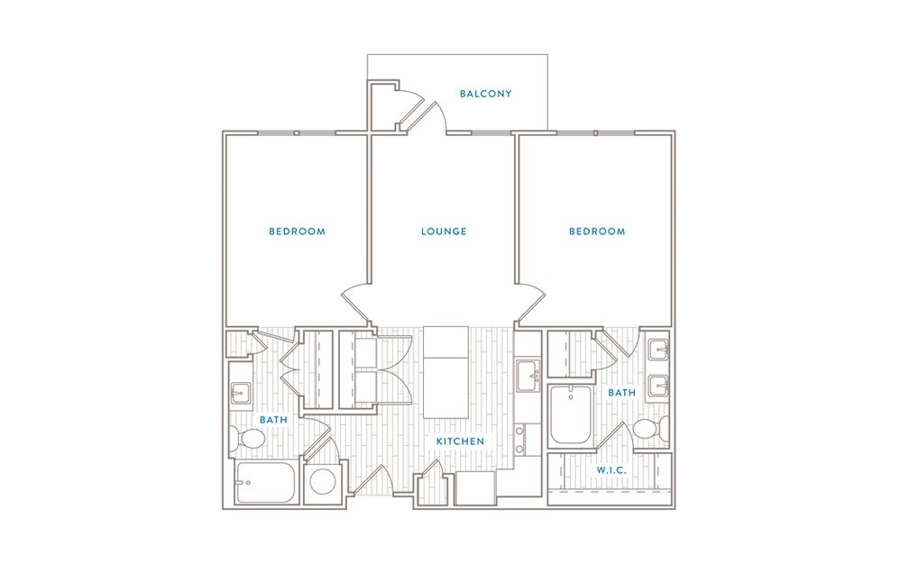 B1 - 2 bedroom floorplan layout with 2 baths and 1047 square feet.