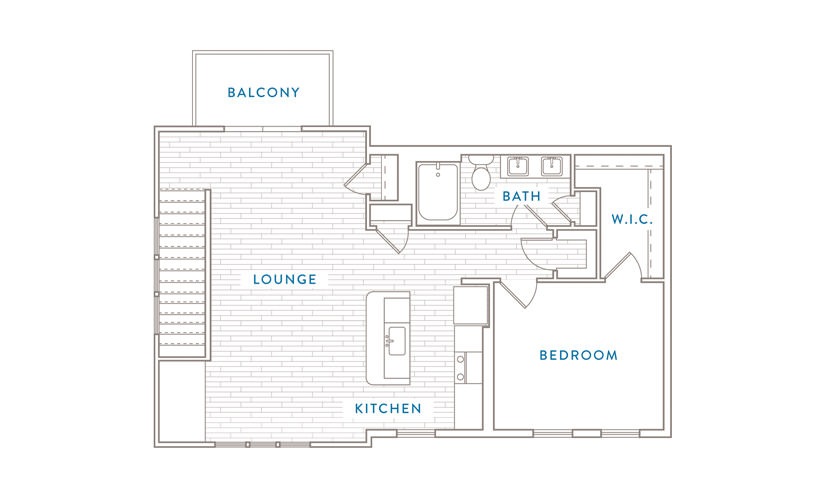 2d drawing of one-bedroom one-bathroom floorplan at Capital Clib Apartments