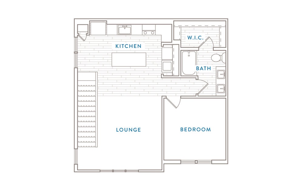 2d drawing of first floor of one-bedroom apartment with loft at Capital Club Apartments