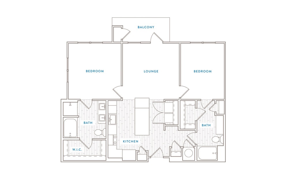 B2 - 2 bedroom floorplan layout with 2 baths and 1011 to 1165 square feet.